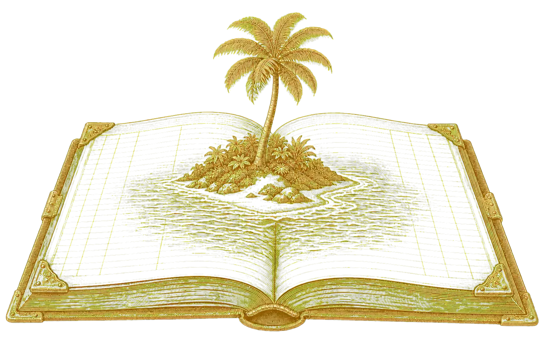 Engraving of an open ledger book with a small Caribbean island rising from its pages